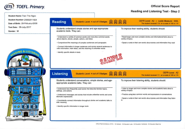 Một phiếu điểm Toefl Primary Step 2 